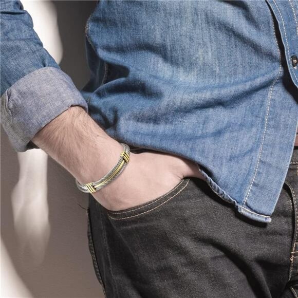 Stainless Steel Twisted Cable Cuff – Adjustable Bracelet for Men & Women - Picture 2 of 7
